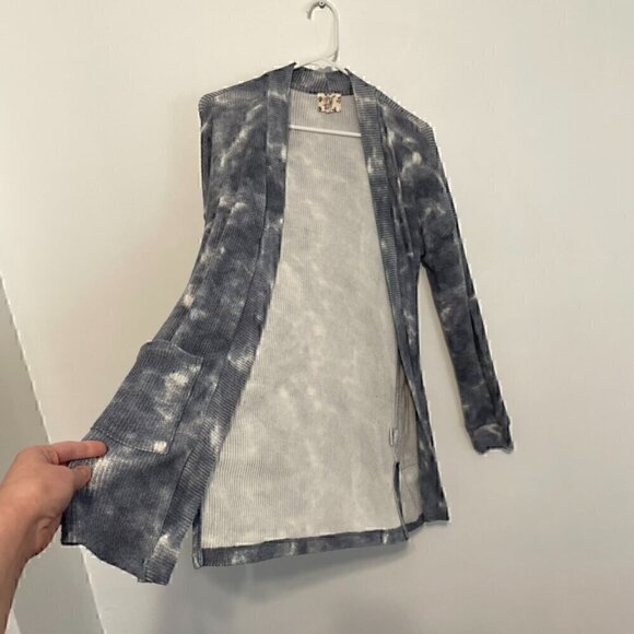 HIPPIE ROSE Blue Tie Dye Ribbed Knit Open Long Sleeve Boho Long Cardigan Sweater - Picture 8 of 13